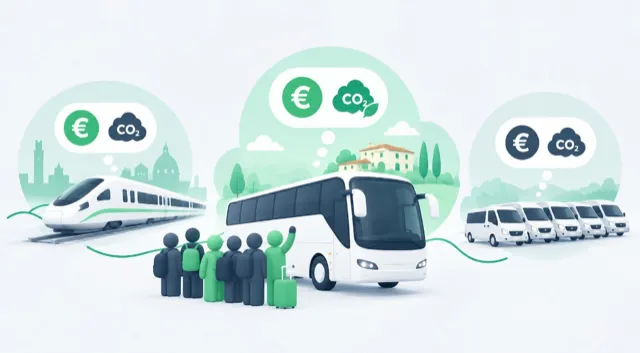 Comparison of train, coach and vans for group travel by cost and CO2 emissions